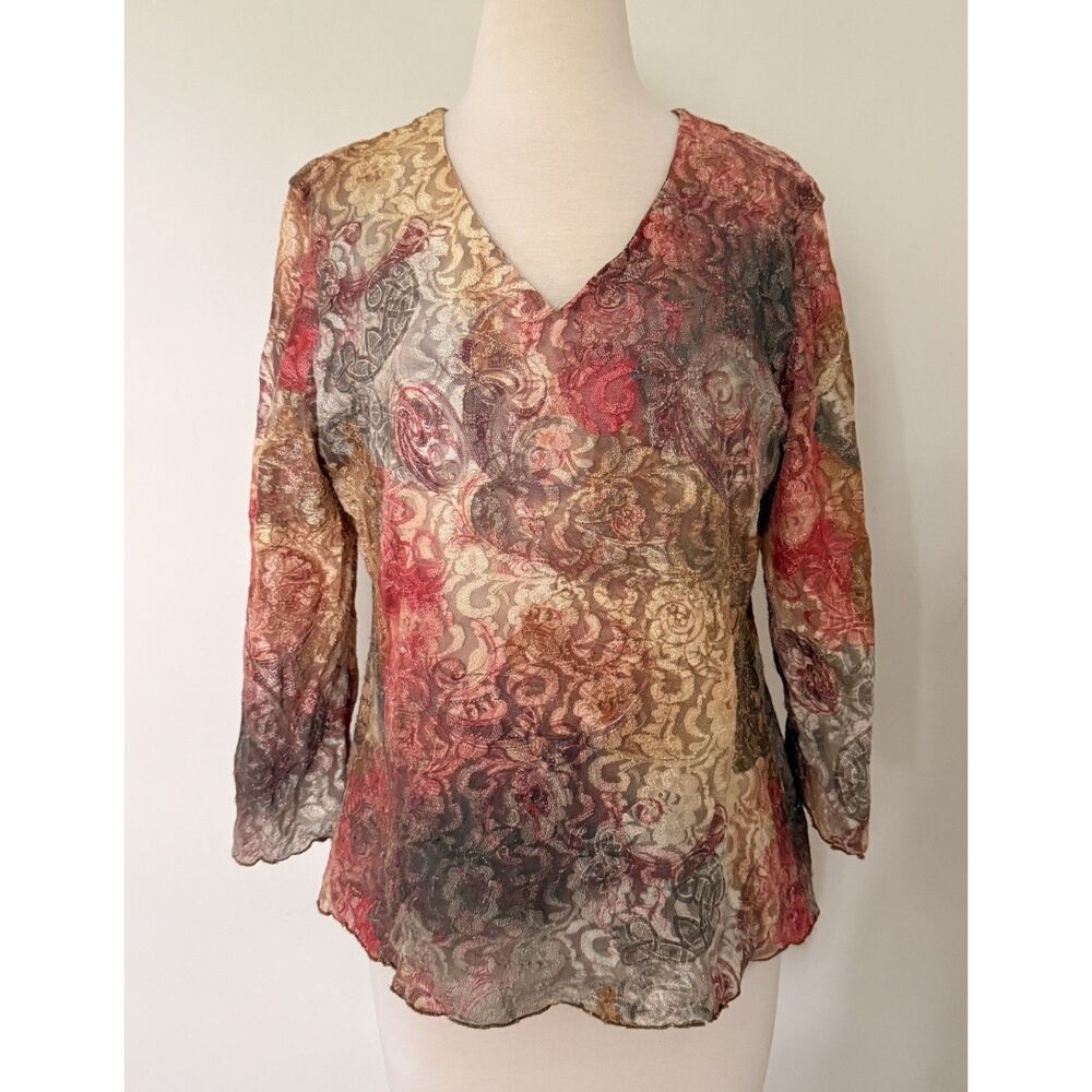 VTG Y2K Abstract Floral Sheer Lace Mesh V-Neck Lettuce Hem Top Made in USA